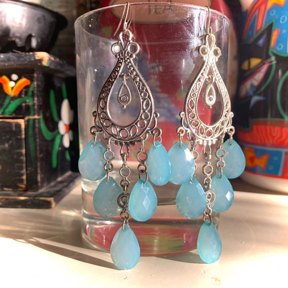 Earrings Boho Vintage - Blue Bead Chandelier Dangles & Big Hoop Earrings - Picture 5 of 6